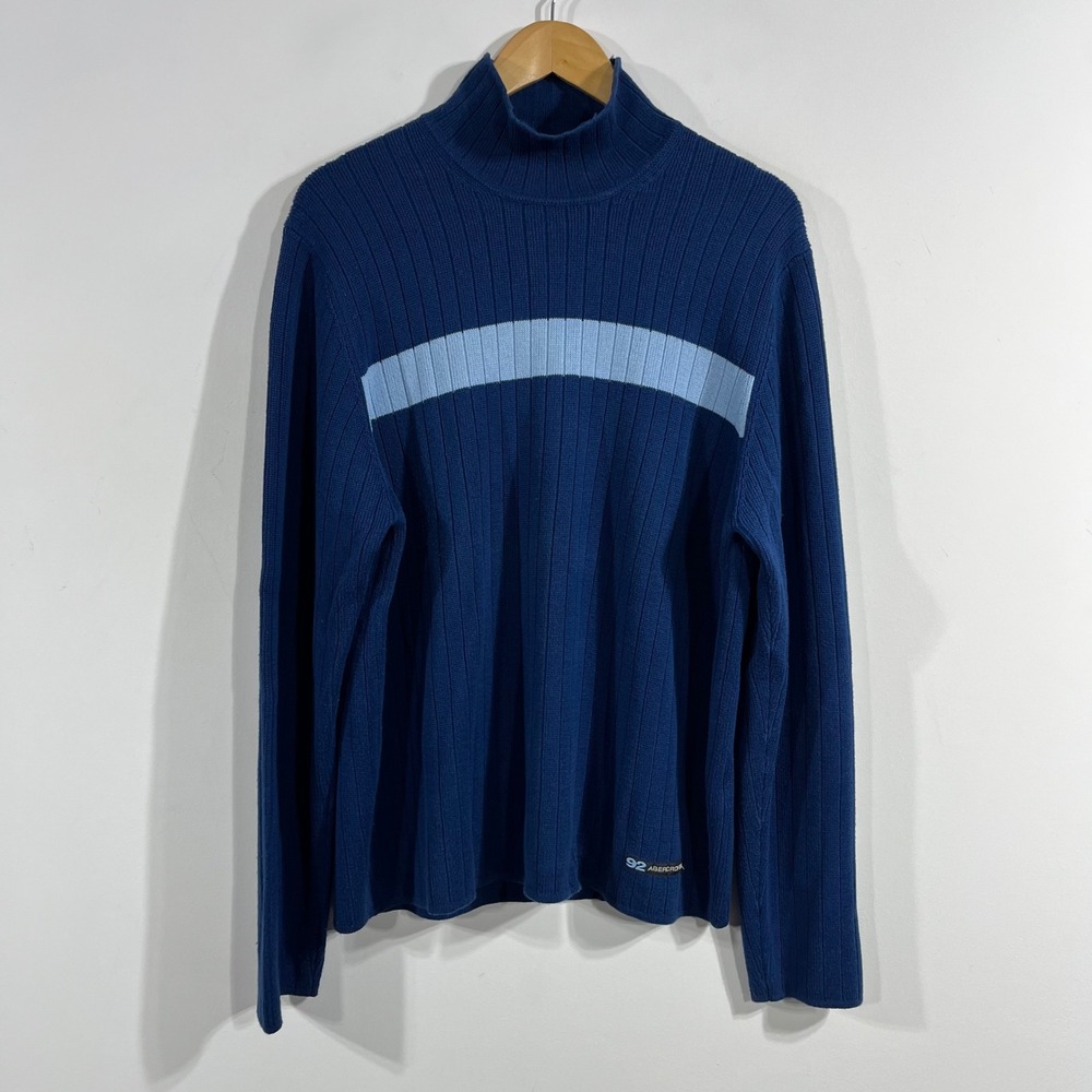 VTG 90s Abercrombie & Fitch Blue Preppy Ribbed Mock Neck Stripe Sweater Mens XL